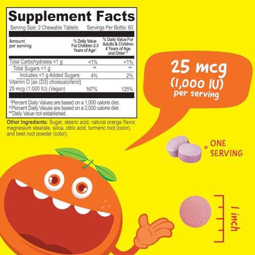 VitaWorks Vitaminas D para Niños 1000 IU - Tabletas Masticables de Sabor Naranja Natural - Veganas, Sin GMO, Sin Gluten - 120 Masticables - imagen 2