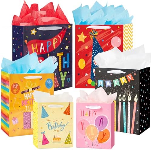 Bolsas de Regalo de Cumpleaños Miakutho con Manijas de Cinta y Papel de Seda (6 Bolsas: 2 Extra Grandes 15, 2 Grandes 13, 2 Medianas 9) para Niños y - imagen 1