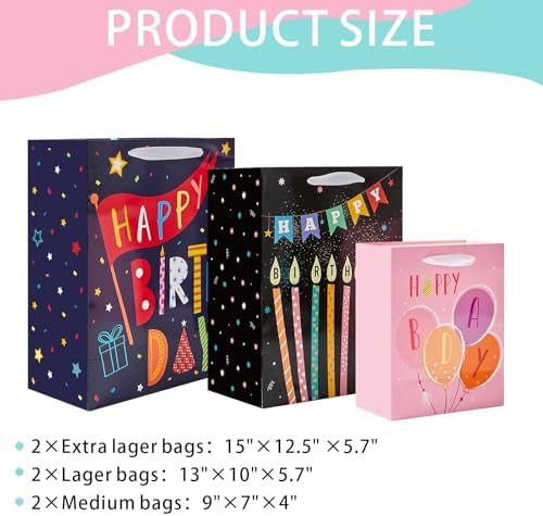 Bolsas de Regalo de Cumpleaños Miakutho con Manijas de Cinta y Papel de Seda (6 Bolsas: 2 Extra Grandes 15, 2 Grandes 13, 2 Medianas 9) para Niños y - imagen 2