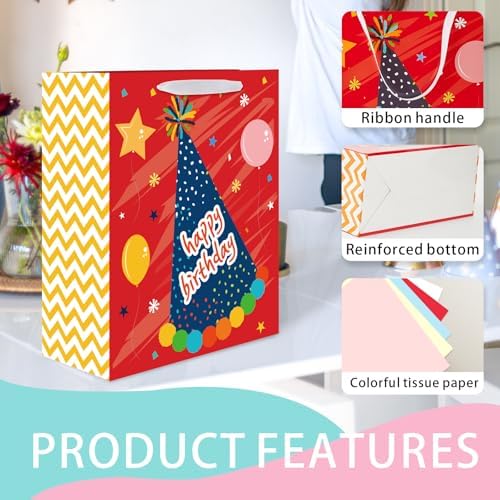 Bolsas de Regalo de Cumpleaños Miakutho con Manijas de Cinta y Papel de Seda (6 Bolsas: 2 Extra Grandes 15, 2 Grandes 13, 2 Medianas 9) para Niños y - imagen 3