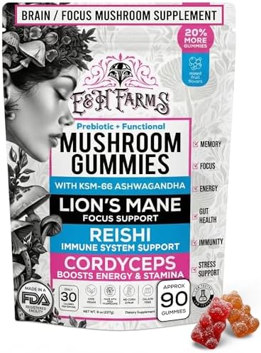 Gomitas de Champiñones E&H Farms para Sueño, Enfoque y Energía - Suplemento Vegano Bajo en Calorías con Lion's Mane, Reishi, Cordyceps y Ashwagandha - imagen 1