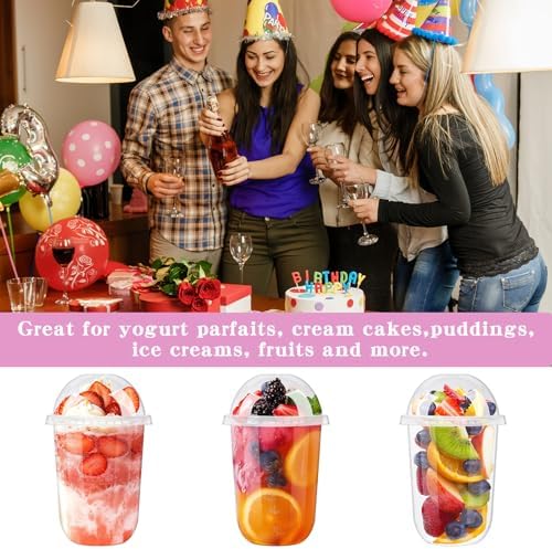 Kosotody Paquete de 50 Vasos de Plástico Transparentes de 16oz con Tapa Domo (Sin Agujero) y Cucharitas Desechables para Postres, Yogur, Pudding, - imagen 4
