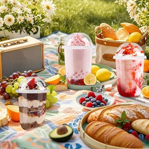 Kosotody Paquete de 50 Vasos de Plástico Transparentes de 16oz con Tapa Domo (Sin Agujero) y Cucharitas Desechables para Postres, Yogur, Pudding, - imagen 7