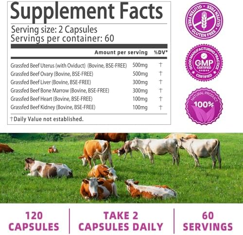 Suplemento de Órganos de Res para Mujeres - Hígado, Corazón, Útero, Ovarios, Riñón y Médula Ósea de Res Alimentada con Pasto, 60 Porciones, 120 - imagen 4