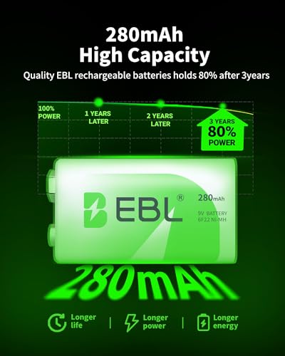Baterías Recargables EBL 9V NiMH 280mAh para Detectores de Humo, Paquete de 4 unidades - imagen 4