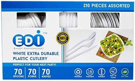 Set de Cubiertos Desechables de Plástico Blanco EDI [210 Piezas] - 70 Tenedores, 70 Cuchillos, 70 Cucharas | Extra Duraderos - imagen 7
