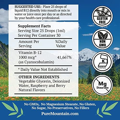 Pure Mountain Botanicals B12 1000 mcg - Complejo B12 - Sabor Natural a Baya - 30 Porciones - Gotas Líquidas Vitaminas - Suplemento Kosher - imagen 2
