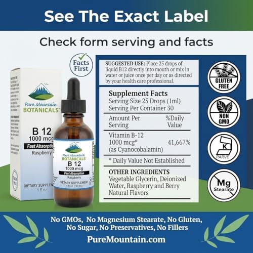 Pure Mountain Botanicals B12 1000 mcg - Complejo B12 - Sabor Natural a Baya - 30 Porciones - Gotas Líquidas Vitaminas - Suplemento Kosher - imagen 8