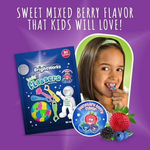 BrightWorks Kids Hilo Dental Divertido Espacial, Sabor Mezcla de Berries [240 Palillos de Hilo] Formas Coloridas: Astronauta, Cohete, OVNI, Tierra. - imagen 7