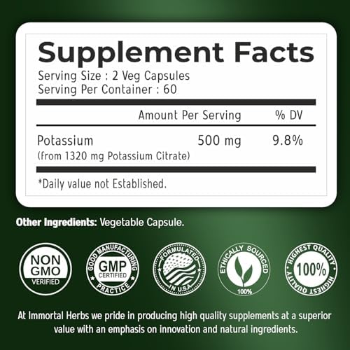 Suplemento de Citrato de Potasio Immortal Herbs 1320mg, Polvo de Alta Absorción, 120 Cápsulas Veganas, Suplementos de Potasio No GMO y Sin Gluten - imagen 2