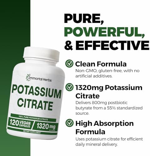 Suplemento de Citrato de Potasio Immortal Herbs 1320mg, Polvo de Alta Absorción, 120 Cápsulas Veganas, Suplementos de Potasio No GMO y Sin Gluten - imagen 3