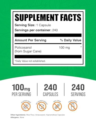 Cápsulas de Policosanol BulkSupplements.com - 100mg de caña de azúcar, sin gluten, 1 cápsula por porción, 240 cápsulas (paquete de 1) - imagen 2