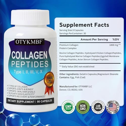 OTYKMBF Píldoras de Colágeno Múltiple 1800mg, Tipos I, II, III, V, X - Complejo de Colágeno Hidrolizado para Piel, Articulaciones, Cabello y Uñas, 90 - imagen 7