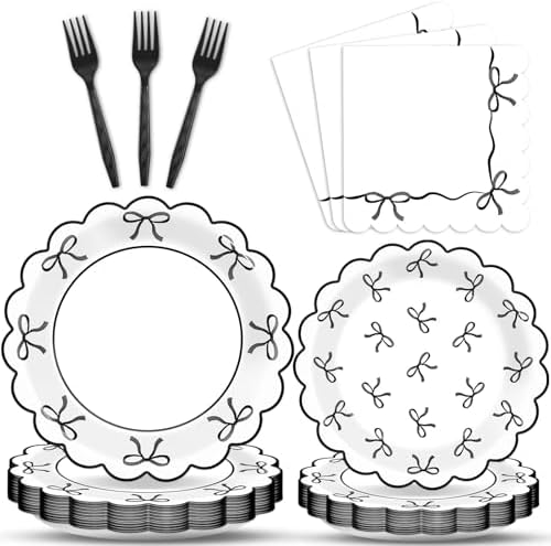 Decoraciones de Fiesta de 96 Piezas en Negro y Blanco con Lazos - Platos de Papel, Servilletas y Artículos para Cumpleaños, Boda, Baby Shower y Más, - imagen 1