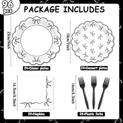 Decoraciones de Fiesta de 96 Piezas en Negro y Blanco con Lazos - Platos de Papel, Servilletas y Artículos para Cumpleaños, Boda, Baby Shower y Más, - imagen 2