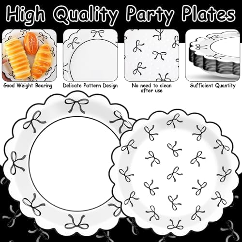 Decoraciones de Fiesta de 96 Piezas en Negro y Blanco con Lazos - Platos de Papel, Servilletas y Artículos para Cumpleaños, Boda, Baby Shower y Más, - imagen 3