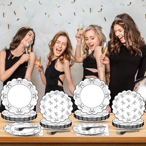 Decoraciones de Fiesta de 96 Piezas en Negro y Blanco con Lazos - Platos de Papel, Servilletas y Artículos para Cumpleaños, Boda, Baby Shower y Más, - imagen 5