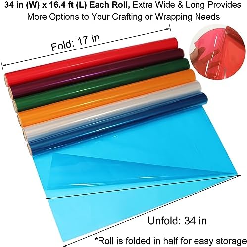 Rollo de Celofán Transparente de Colores SYOGUA - 6 Colores, 34 in x 16.4 ft - Celofán Rojo, Morado, Verde, Dorado, Azul y Transparente para Regalos, - imagen 2