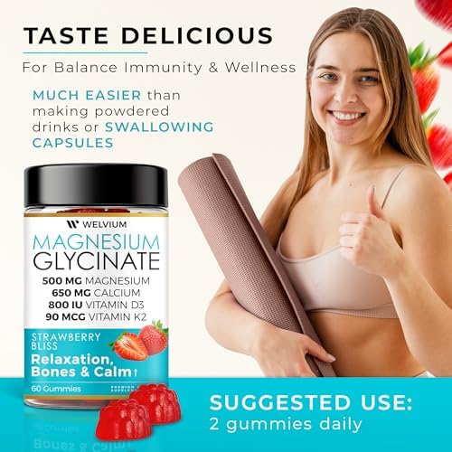 Gomitas de Magnesio Glycinate WELVIUM con Ashwagandha y L-Theanina - Suplemento de 500mg para Soporte Muscular, Inmunológico y Óseo, Masticables - imagen 2