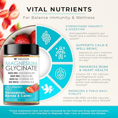 Gomitas de Magnesio Glycinate WELVIUM con Ashwagandha y L-Theanina - Suplemento de 500mg para Soporte Muscular, Inmunológico y Óseo, Masticables - imagen 3