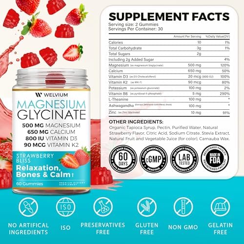 Gomitas de Magnesio Glycinate WELVIUM con Ashwagandha y L-Theanina - Suplemento de 500mg para Soporte Muscular, Inmunológico y Óseo, Masticables - imagen 4