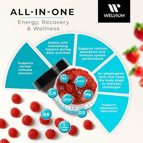 Gomitas de Magnesio Glycinate WELVIUM con Ashwagandha y L-Theanina - Suplemento de 500mg para Soporte Muscular, Inmunológico y Óseo, Masticables - imagen 7