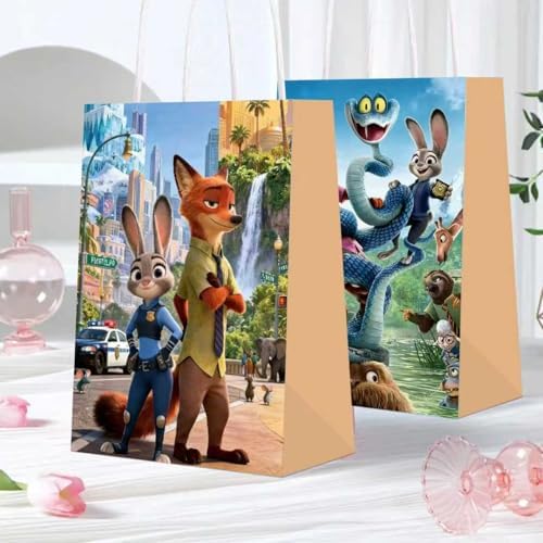 12 PZS de bolsas de regalo temáticas de Zootopia 2. Hechas de papel kraft con asas, ideales para dulces y bocadillos en fiestas y festivales. - imagen 1