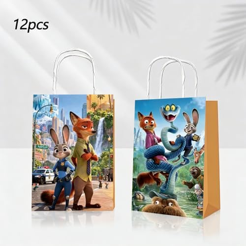 12 PZS de bolsas de regalo temáticas de Zootopia 2. Hechas de papel kraft con asas, ideales para dulces y bocadillos en fiestas y festivales. - imagen 3