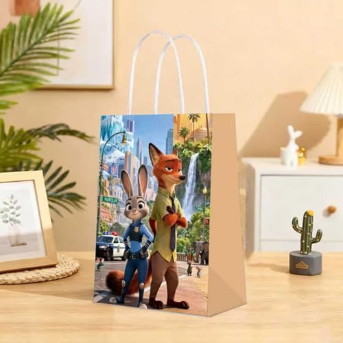 12 PZS de bolsas de regalo temáticas de Zootopia 2. Hechas de papel kraft con asas, ideales para dulces y bocadillos en fiestas y festivales. - imagen 5