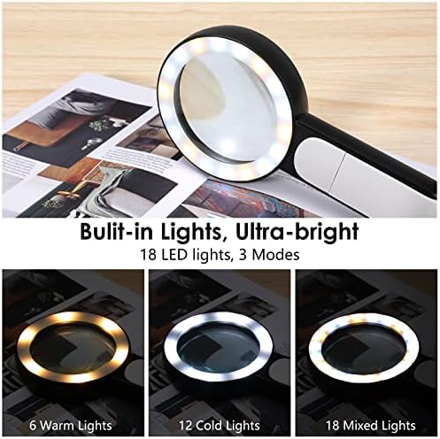Lupa MoKo con Luz, 30X, Lupa de Mano Grande Iluminada con 18 LED y 3 Modos para Lectura, Monedas, Joyería y Exploración, Color Negro - imagen 3