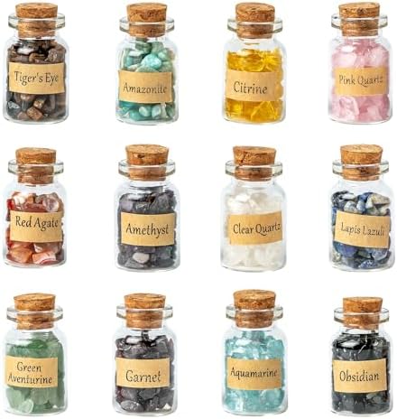 KHOCOEE Set de 12 Botellas de Gemas, Chips de Cristales y Piedras Sanadoras, Cristales para Chakras, Set de Gemas para Wicca y Hechicería - imagen 1