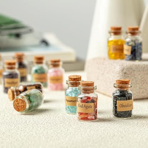 KHOCOEE Set de 12 Botellas de Gemas, Chips de Cristales y Piedras Sanadoras, Cristales para Chakras, Set de Gemas para Wicca y Hechicería - imagen 3