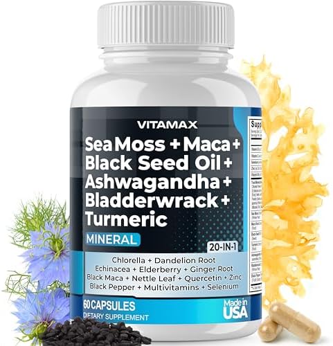 Aceite de Semilla de Negro de Musgo Marino, Maca, Ashwagandha, Bladderwrack y Cúrcuma - Miel de Manuka, Saúco, Vitamina C y D3, Diente de León y - imagen 1