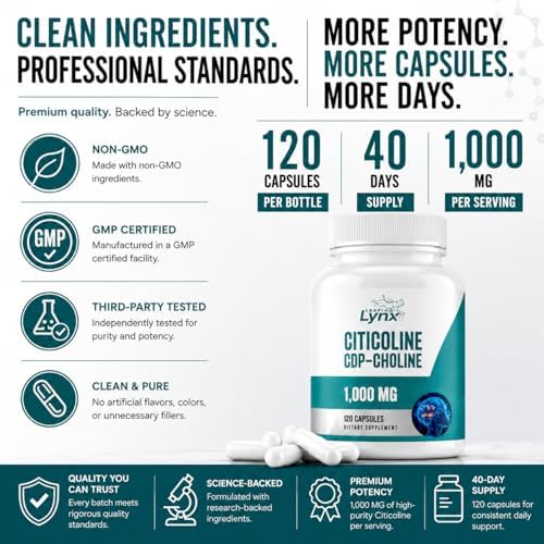 Cápsulas de Citicolina Leaping Lynx 1000 mg (CDP Colina) – 120 piezas – Suplemento para el cerebro, enfoque y memoria – Nootrópico, No GMO, - imagen 3