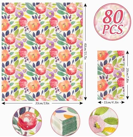 Servilletas de Papel Decorativas AnyDesign de Flores Acuareladas, 80 Pzs, Desechables para Bodas, Cumpleaños y Baby Shower - imagen 2