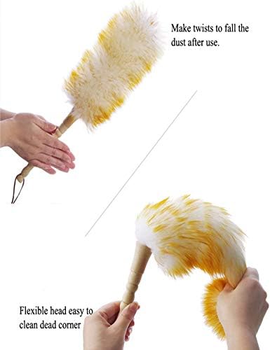 Duster de Plumas J&A de Lana de Cordero con Mango de Madera Sólido, Cabeza Flexible, Antiestático, 17.8 Pulgadas para Oficina, Hogar y Auto - imagen 2