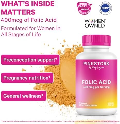 Suplemento de Ácido Fólico Pink Stork para Mujeres – 400mcg, Vitamina B9 Diaria para Apoyo Prenatal y Fertilidad, Ayuda en la Formación de Glóbulos - imagen 2