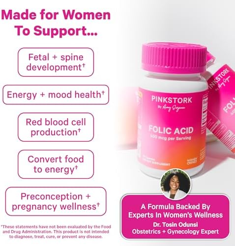 Suplemento de Ácido Fólico Pink Stork para Mujeres – 400mcg, Vitamina B9 Diaria para Apoyo Prenatal y Fertilidad, Ayuda en la Formación de Glóbulos - imagen 3