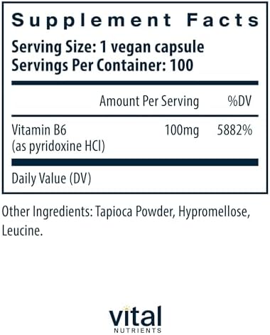 Vitaminas B6 Vital Nutrients - Pyridoxina HCl Vegana para Sistema Nervioso, Salud Muscular y Ósea - 100 Cápsulas Sin Gluten, Lácteos ni Soja - imagen 2