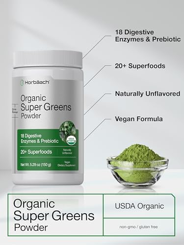 Horbäach Polvo de Verduras Orgánico | Suplemento de 5.29 oz | Con 20+ Superalimentos, 18 Enzimas Digestivas y Prebióticos | Alivia Gas, Incomodidad y - imagen 4