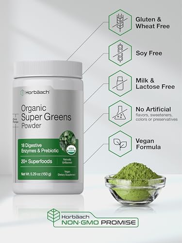 Horbäach Polvo de Verduras Orgánico | Suplemento de 5.29 oz | Con 20+ Superalimentos, 18 Enzimas Digestivas y Prebióticos | Alivia Gas, Incomodidad y - imagen 5