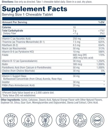 SOLARAY Complejo de Vitaminas B Naranja Masticables - Alta Potencia con VIT B12, B6, B2, Biotina, Ácido Fólico, Vitamina C, Energía Celular, Soporte - imagen 2