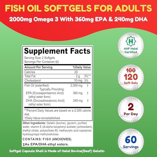 Aceite de Pescado Omega 3 Halal 2000mg - 60 Porciones, 120 Cápsulas Blandas. Capturado en la Naturaleza, Purificado, Amigable con Keto, Sin OGM y Sin - imagen 3