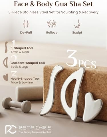 Set de Gua Sha y Raspador Muscular Rena Chris, Acero Inoxidable para Masaje de Tejido Profundo y Drenaje Linfático, Incluye Guía y Bolsa de Viaje - imagen 2