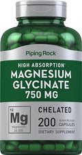 Cápsulas de Magnesio Glicinato Piping Rock | 750mg | 200 Píldoras | Suplemento Quelado | Alta Absorción | Sin OGM y Sin Gluten - imagen 1