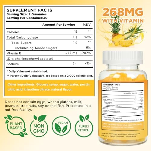 Gomitas de Vitamina E Aromlife 400 IU para Inmunidad, 268mg por Porción, 60 Piezas Sabor Piña, Sin Azúcar y Sin Gluten, Brillo de Piel y Bienestar - imagen 2