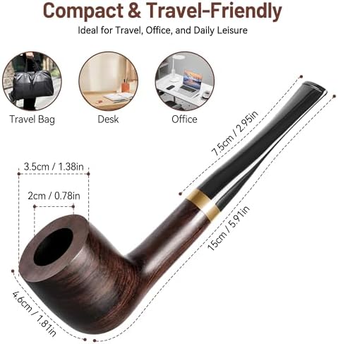 Pipa de Tabaco Sivaopa Ébano Recta – Pipa de Madera Hecha a Mano con Diseño Clásico, Set de Limpieza y Bolsa de Viaje – Regalo Portátil para - imagen 3