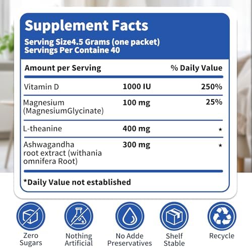 Bebida Super Cortisol Calm de 40 Contenidos con Magnesio Glicinato, Ashwagandha, L-Teanina y Vitamina D3 | Polvo de Magnesio Glicinato para - imagen 5