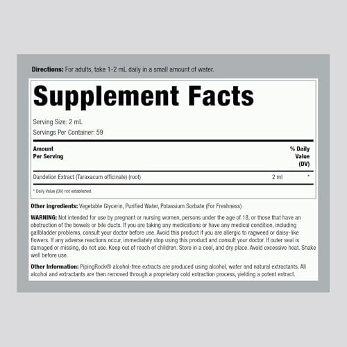 Extracto Líquido de Raíz de Diente de León Piping Rock | 4 fl oz | Suplemento Herbal Premium | Sin Alcohol | Vegetariano, No GMO, Sin Gluten - imagen 2