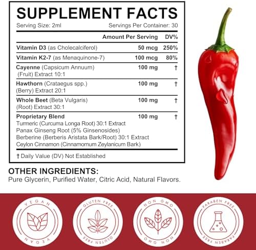 Gotas de Pimienta de Cayena, Suplementos Líquidos de Cayena, Espino, Remolacha, Cúrcuma, Vitamina K2 y D3, 2 Piezas - imagen 2